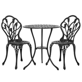 Gardeon 3PC Outdoor Setting Cast Aluminium Bistro Table Chair Patio Black Outdoor Furniture Kings Warehouse 