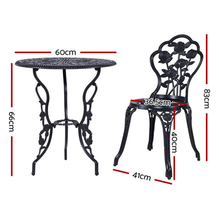 Gardeon 3PC Outdoor Setting Cast Aluminium Bistro Table Chair Patio Black Outdoor Furniture Kings Warehouse 