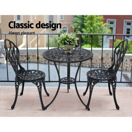 Gardeon 3PC Outdoor Setting Cast Aluminium Bistro Table Chair Patio Black Outdoor Furniture Kings Warehouse 