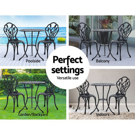 Gardeon 3PC Outdoor Setting Cast Aluminium Bistro Table Chair Patio Black Outdoor Furniture Kings Warehouse 