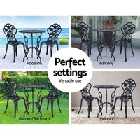 Gardeon 3PC Outdoor Setting Cast Aluminium Bistro Table Chair Patio Black Outdoor Furniture Kings Warehouse 