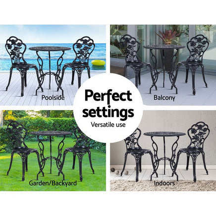 Gardeon 3PC Outdoor Setting Cast Aluminium Bistro Table Chair Patio Black Outdoor Furniture Kings Warehouse 