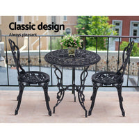 Gardeon 3PC Outdoor Setting Cast Aluminium Bistro Table Chair Patio Black Outdoor Furniture Kings Warehouse 