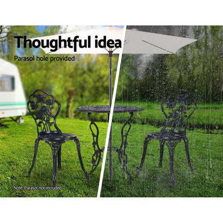 Gardeon 3PC Outdoor Setting Cast Aluminium Bistro Table Chair Patio Black Outdoor Furniture Kings Warehouse 