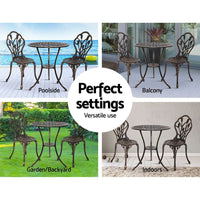 Gardeon 3PC Outdoor Setting Cast Aluminium Bistro Table Chair Patio Bronze Outdoor Furniture Kings Warehouse 