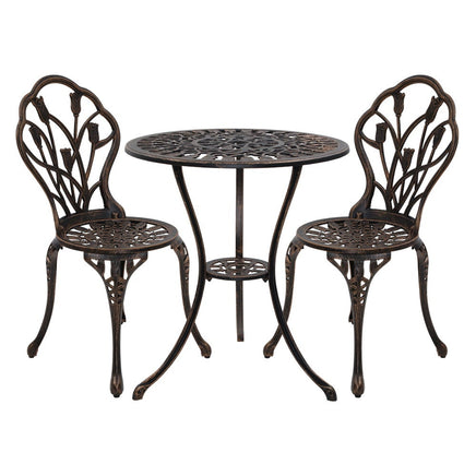 Gardeon 3PC Outdoor Setting Cast Aluminium Bistro Table Chair Patio Bronze Outdoor Furniture Kings Warehouse 
