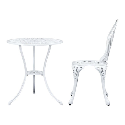 Gardeon 3PC Outdoor Setting Cast Aluminium Bistro Table Chair Patio White Outdoor Furniture Kings Warehouse 