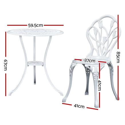 Gardeon 3PC Outdoor Setting Cast Aluminium Bistro Table Chair Patio White Outdoor Furniture Kings Warehouse 