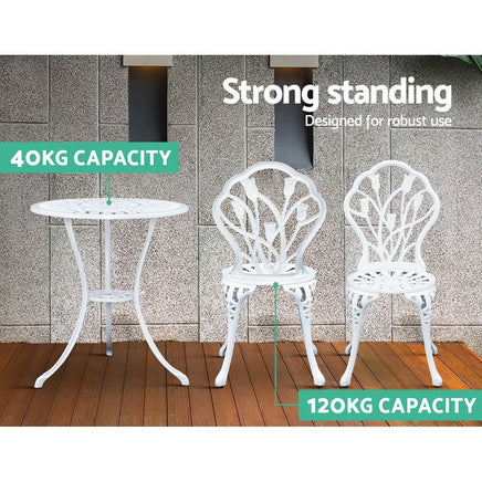 Gardeon 3PC Outdoor Setting Cast Aluminium Bistro Table Chair Patio White Outdoor Furniture Kings Warehouse 