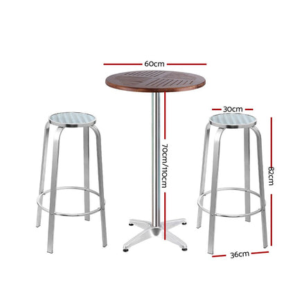 Gardeon Outdoor Bistro Set Bar Table Stools Adjustable Aluminium Cafe 3PC Wood Furniture > Bar Stools & Chairs Kings Warehouse 