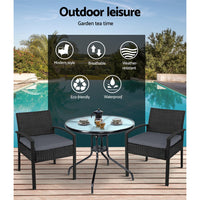 Gardeon Outdoor Furniture Dining Chairs Wicker Garden Patio Cushion Black 3PCS Sofa Set Tea Coffee Cafe Bar Set Outdoor Furniture Kings Warehouse 