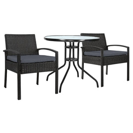 Gardeon Outdoor Furniture Dining Chairs Wicker Garden Patio Cushion Black 3PCS Sofa Set Tea Coffee Cafe Bar Set Outdoor Furniture Kings Warehouse 