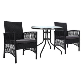 Gardeon Outdoor Furniture Dining Chairs Wicker Garden Patio Cushion Black 3PCS Tea Coffee Cafe Bar Set Outdoor Furniture Kings Warehouse 