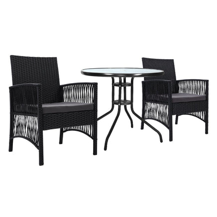 Gardeon Outdoor Furniture Dining Chairs Wicker Garden Patio Cushion Black 3PCS Tea Coffee Cafe Bar Set Outdoor Furniture Kings Warehouse 