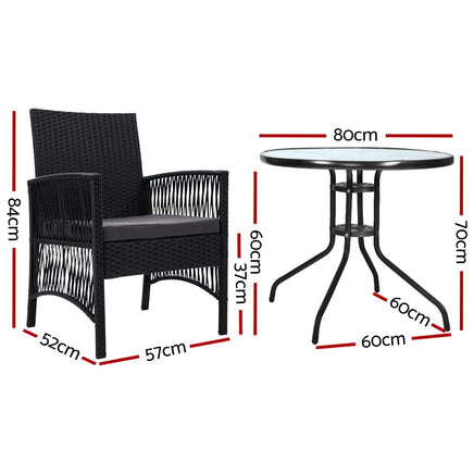 Gardeon Outdoor Furniture Dining Chairs Wicker Garden Patio Cushion Black 3PCS Tea Coffee Cafe Bar Set Outdoor Furniture Kings Warehouse 