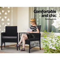Gardeon Outdoor Furniture Dining Chairs Wicker Garden Patio Cushion Black 3PCS Tea Coffee Cafe Bar Set Outdoor Furniture Kings Warehouse 