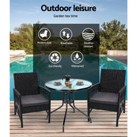 Gardeon Outdoor Furniture Dining Chairs Wicker Garden Patio Cushion Black 3PCS Tea Coffee Cafe Bar Set Outdoor Furniture Kings Warehouse 