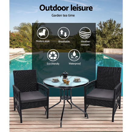 Gardeon Outdoor Furniture Dining Chairs Wicker Garden Patio Cushion Black 3PCS Tea Coffee Cafe Bar Set Outdoor Furniture Kings Warehouse 
