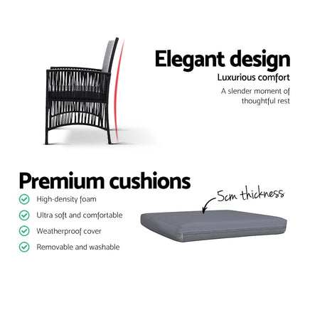 Gardeon Outdoor Furniture Dining Chairs Wicker Garden Patio Cushion Black 3PCS Tea Coffee Cafe Bar Set Outdoor Furniture Kings Warehouse 