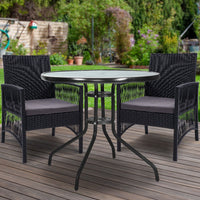 Gardeon Outdoor Furniture Dining Chairs Wicker Garden Patio Cushion Black 3PCS Tea Coffee Cafe Bar Set Outdoor Furniture Kings Warehouse 
