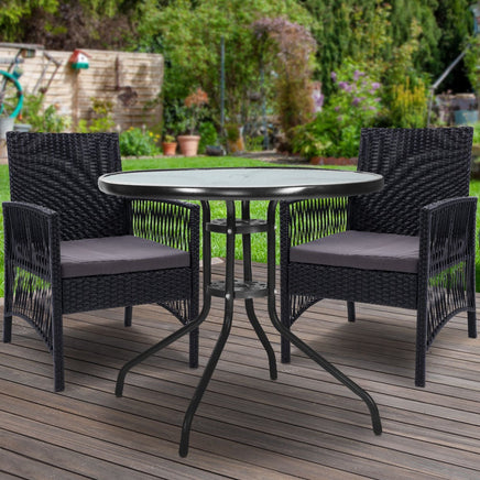 Gardeon Outdoor Furniture Dining Chairs Wicker Garden Patio Cushion Black 3PCS Tea Coffee Cafe Bar Set Outdoor Furniture Kings Warehouse 