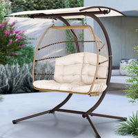 Gardeon Outdoor Furniture Lounge Hanging Swing Chair Egg Hammock Stand Rattan Wicker Latte Outdoor Kings Warehouse 