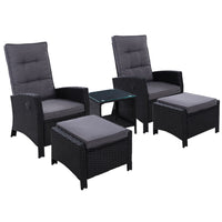 Gardeon Outdoor Patio Furniture Recliner Chairs Table Setting Wicker Lounge 5pc Black Outdoor Kings Warehouse 