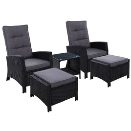 Gardeon Outdoor Patio Furniture Recliner Chairs Table Setting Wicker Lounge 5pc Black Outdoor Kings Warehouse