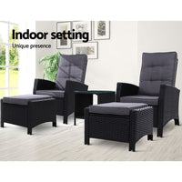 Gardeon Outdoor Patio Furniture Recliner Chairs Table Setting Wicker Lounge 5pc Black Outdoor Kings Warehouse 