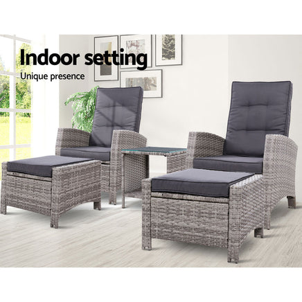 Gardeon Outdoor Patio Furniture Recliner Chairs Table Setting Wicker Lounge 5pc Grey Home & Garden > Garden Furniture Kings Warehouse 