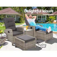 Gardeon Outdoor Patio Furniture Recliner Chairs Table Setting Wicker Lounge 5pc Grey Home & Garden > Garden Furniture Kings Warehouse 