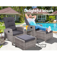 Gardeon Outdoor Patio Furniture Recliner Chairs Table Setting Wicker Lounge 5pc Grey Home & Garden > Garden Furniture Kings Warehouse 