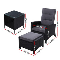 Gardeon Outdoor Setting Recliner Chair Table Set Wicker lounge Patio Furniture Black Outdoor Kings Warehouse 
