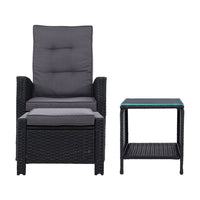 Gardeon Outdoor Setting Recliner Chair Table Set Wicker lounge Patio Furniture Black Outdoor Kings Warehouse 