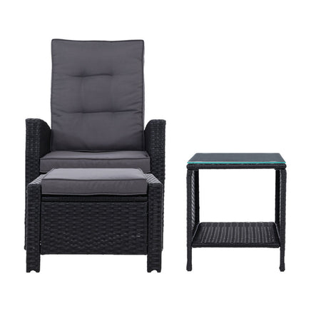 Gardeon Outdoor Setting Recliner Chair Table Set Wicker lounge Patio Furniture Black Outdoor Kings Warehouse 