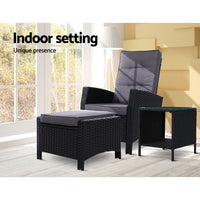Gardeon Outdoor Setting Recliner Chair Table Set Wicker lounge Patio Furniture Black Outdoor Kings Warehouse 