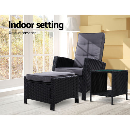 Gardeon Outdoor Setting Recliner Chair Table Set Wicker lounge Patio Furniture Black Outdoor Kings Warehouse 