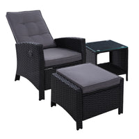 Gardeon Outdoor Setting Recliner Chair Table Set Wicker lounge Patio Furniture Black Outdoor Kings Warehouse 