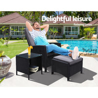 Gardeon Outdoor Setting Recliner Chair Table Set Wicker lounge Patio Furniture Black Outdoor Kings Warehouse 