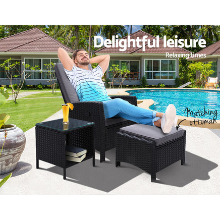Gardeon Outdoor Setting Recliner Chair Table Set Wicker lounge Patio Furniture Black Outdoor Kings Warehouse 
