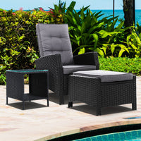 Gardeon Outdoor Setting Recliner Chair Table Set Wicker lounge Patio Furniture Black Outdoor Kings Warehouse 