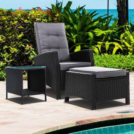 Gardeon Outdoor Setting Recliner Chair Table Set Wicker lounge Patio Furniture Black Outdoor Kings Warehouse 