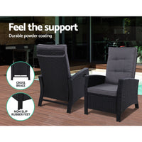 Gardeon Outdoor Setting Recliner Chair Table Set Wicker lounge Patio Furniture Black Outdoor Kings Warehouse 