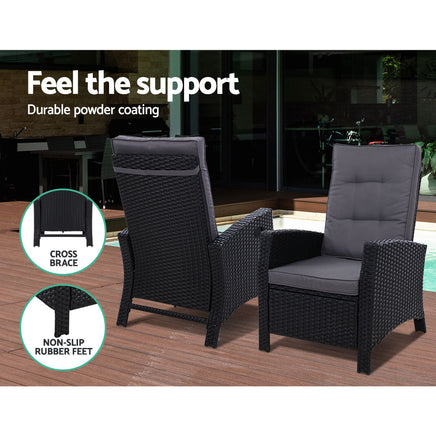 Gardeon Outdoor Setting Recliner Chair Table Set Wicker lounge Patio Furniture Black Outdoor Kings Warehouse 