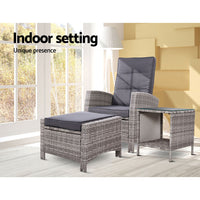 Gardeon Outdoor Setting Recliner Chair Table Set Wicker lounge Patio Furniture Grey Home & Garden > Garden Furniture Kings Warehouse 