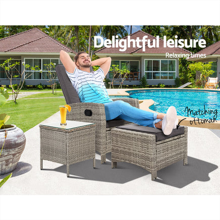 Gardeon Outdoor Setting Recliner Chair Table Set Wicker lounge Patio Furniture Grey Home & Garden > Garden Furniture Kings Warehouse 