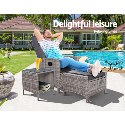 Gardeon Outdoor Setting Recliner Chair Table Set Wicker lounge Patio Furniture Grey Home & Garden > Garden Furniture Kings Warehouse 