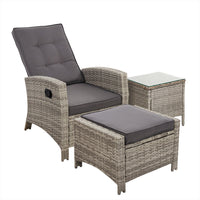Gardeon Outdoor Setting Recliner Chair Table Set Wicker lounge Patio Furniture Grey Home & Garden > Garden Furniture Kings Warehouse 