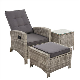 Gardeon Outdoor Setting Recliner Chair Table Set Wicker lounge Patio Furniture Grey Home & Garden > Garden Furniture Kings Warehouse 