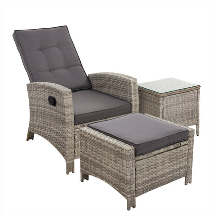 Gardeon Outdoor Setting Recliner Chair Table Set Wicker lounge Patio Furniture Grey Home & Garden > Garden Furniture Kings Warehouse 